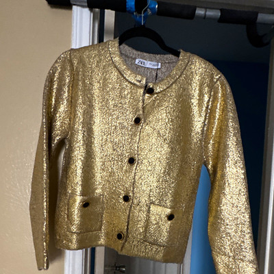Zara Women's Gold Metallic Solid Button Front Jacket w/ Pockets Size M