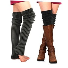 PHOGARY 2 Pairs Winter Leg Warmers Thigh High Socks Over Knee Dark Gray, Black