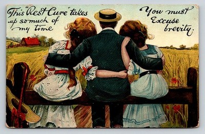 1909 Humorous ''Rest Cure'' Man with Two Women Lachute Quebec Postcard