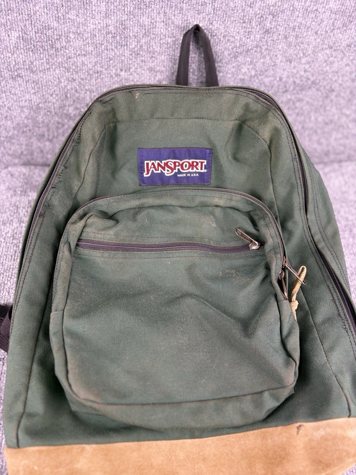 Jansport Green Backpack With Brown Suede Leather Bottom