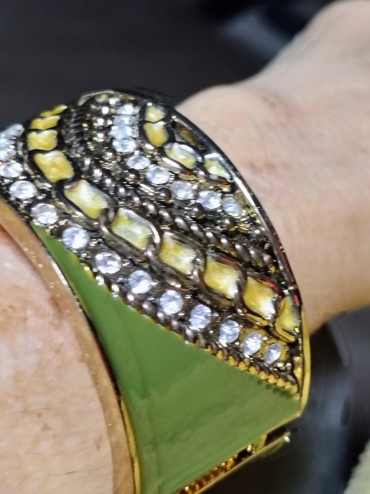 Green Enamel Rhinestone Statement Cuff Bracelet G… - image 7