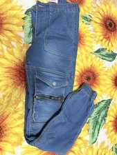 RED Bottoms Women's Blue Denim Cargo Pants Tapered Leg Zipper Accents Pockets