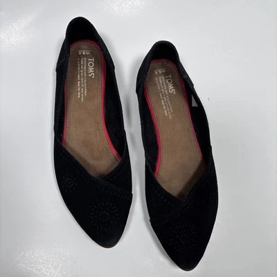 TOMS Black Suede Pointed Toe Flats Women’s Size 8.5 Slip On Laser Cut Floral - Image 1 of 4