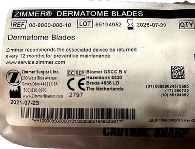 10 UNITS ZIMMER DERMATOME BLADES # 00-8800-000-10        7/22/2026 DATE