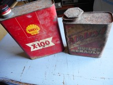 Ancien bidon huile Shell x-100 et huiles renault lot de 2  sortie du grenier