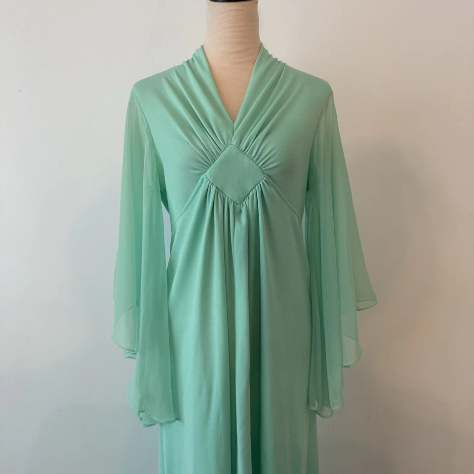 Maxi Vestido Vintage Roaman Años 70 Espuma de Mar Verde Ala de Ángel Cintura Imperio Talla M Foto 2 de 4