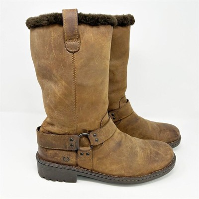 Born Men's Brown Leather Biker Boots Size 10.5 with Harness Detail Shearling