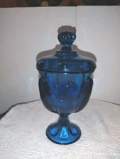 Viking Art Glass Early Bluenique 6 Petal 8" Footed Covered Candy #6812 MCM 60's