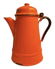 VTG Orange Enamel Teapot Made In Poland Beautiful Old Patina