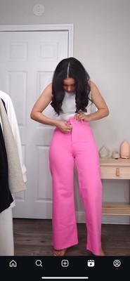 Zara Women Pink Fuchsia Denim Jeans Marine Straight Wide Leg Size