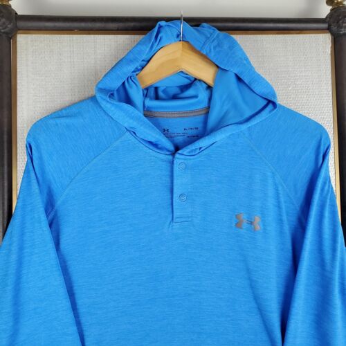 UNDER ARMOUR Size XL Long Sleeve Hooded Performance 1/4 Snap Polo Shirt Blue UV+ - Picture 2 of 12