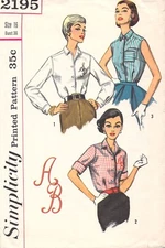 Simplicity	2195 Misses' Womans Blouse Size 16 1957