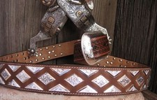 LEATHER UNISEX WESTERN BELT 3D SILVER TONE CONCHO 1 1/2 MAHOGANY SIZE 42