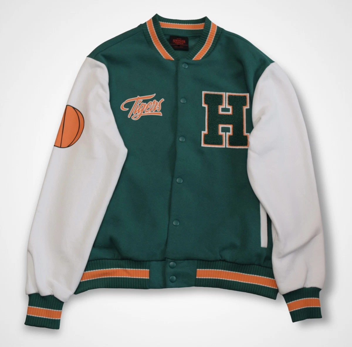 Primark Netflix Stranger Things Hawkins Tiger Green/White Varsity Jacket |  eBay