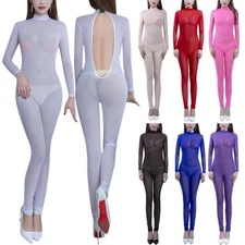 Women Mesh Seamless Full Bodysuit Backless See-through Lingerie Catsuit Clubwear