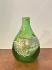 Vintage Hand Made Green Art Bubbled Blown Glass Vase 6.5 Swirl Design Sea Glass