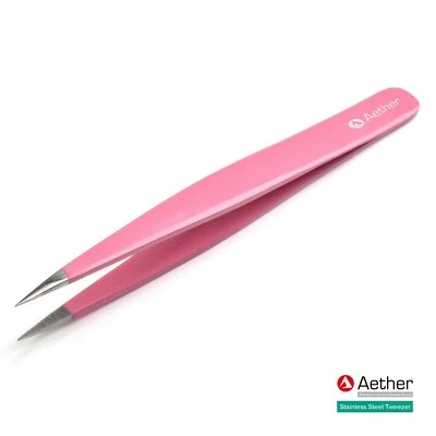 Aether® Tweezers Stainless Steel Eyebrow Hair Pluckers Pink Pointed Flat Slanted