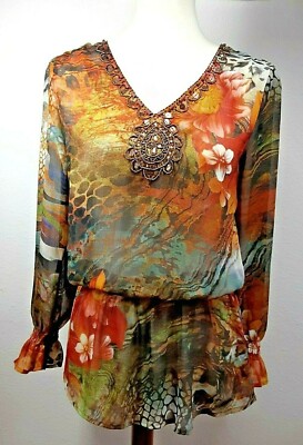 Mushka Sienna Rose Womens Small Embellished Peasant Semi Sheer Chiffon Long Top