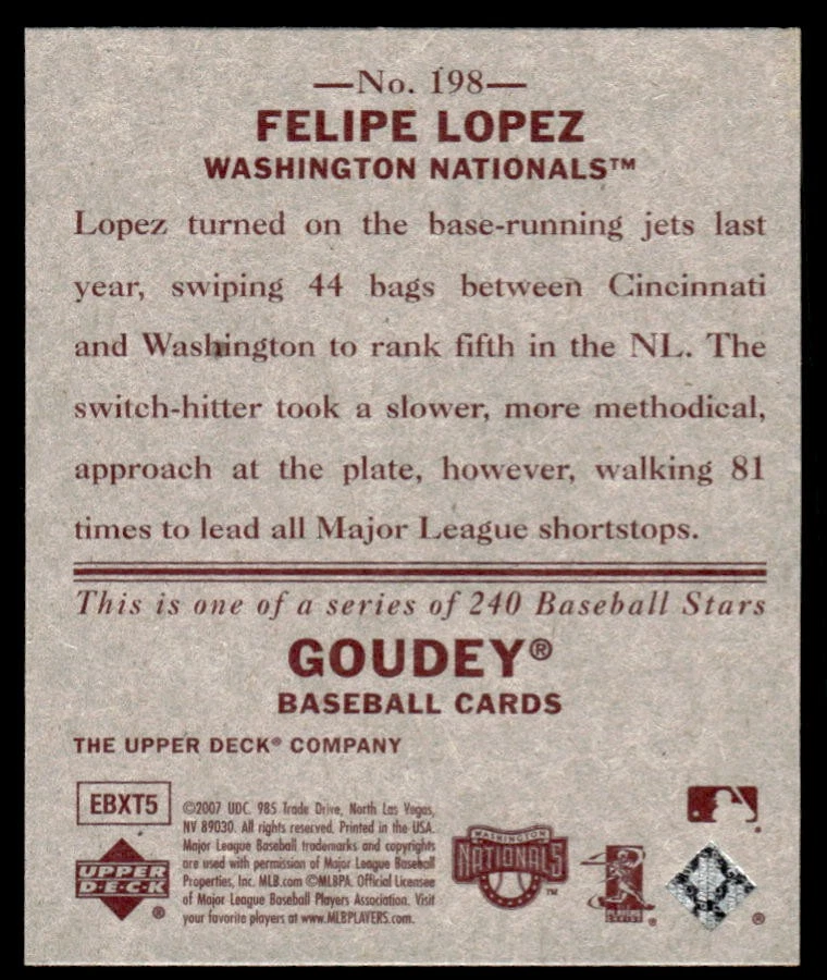 2007 Upper Deck Goudey Red Backs Felipe Lopez #198 Washington Nationals - Image 2 of 2