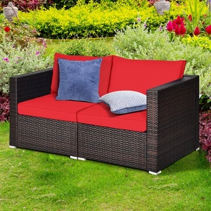 2PCS Rattan Corner Sofa Set Patio Outdoor Furniture Set w/ 4 Red Cushions