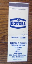 QUENTIN PHILLIPS TEXACO GAS STATION MATCHBOOK COVER: ADA OKLAHOMA MATCHCOVER A24