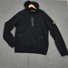 Stone Island Men's Black Fleece Cotton Logo Drawstring Pullover Hoodie L