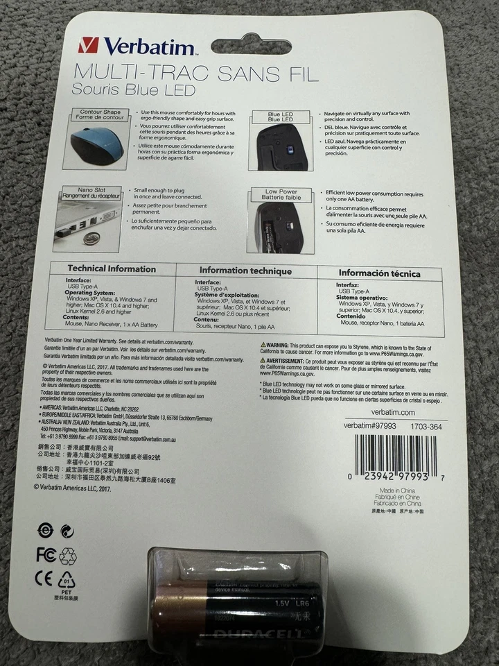 Verbatim Wireless Mouse Multi-Trac Blue LED Model 97993 USB Nano Mini Receiver - Image 2 of 3