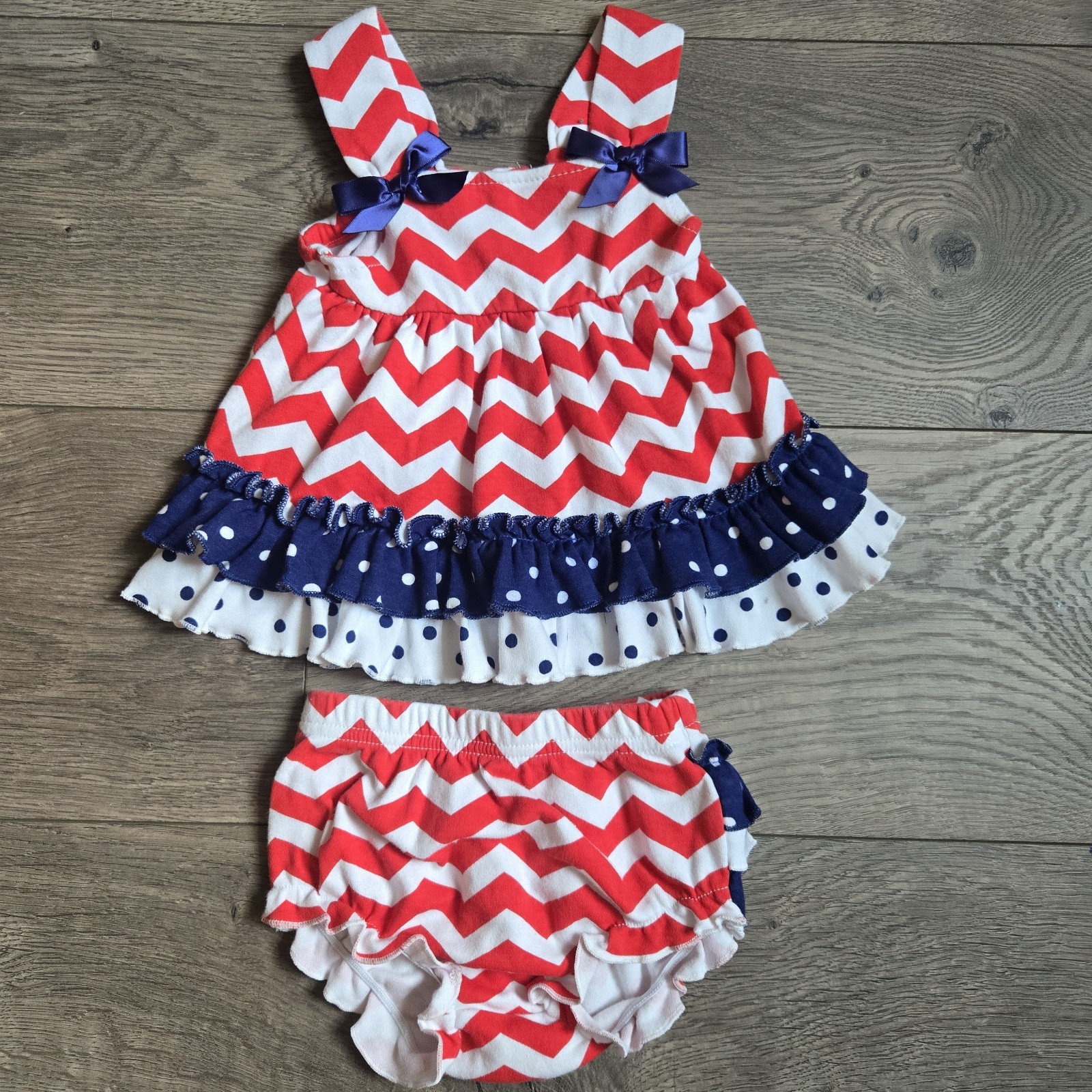 Nursery Rhyme Baby Girl 6M Patriotic Red White Blue Chevron Polka Dot 2pc Set