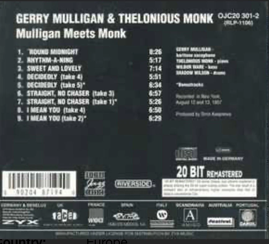 Thelonious Monk And Gerry Mulligan ‎– Mulligan Meets Monk CD ( 20bt Remaster) CD - Image 2 of 3