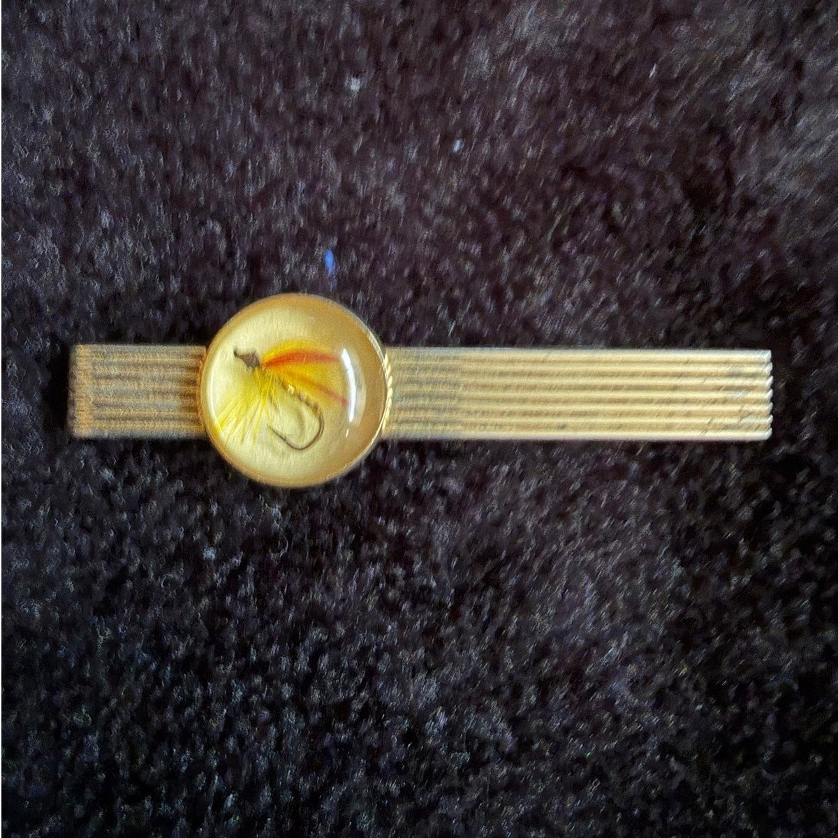 Vintage Fly Fishing Tie Bar Gold Tone Encased Feather Hook Clear Dome