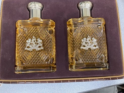 Vintage Crystal Cut Glass Ralph Lauren Safari Bottle gift Set W Embossed Crest