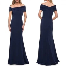 NEW La Femme Off The Shoulder Navy Blue Gown with Trumpet Skirt 29537 Size 10