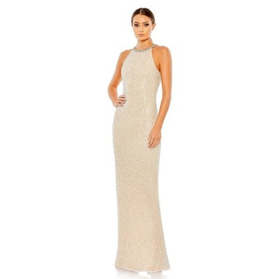 Neu Nwt Mac Duggal Perlen Ärmellos Hoher Kragen Säule Abendkleid Silber Größe 6