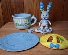 Vintage Tea Bunnies Iris Bouquet with Hat Teacup  Saucer Blooming Flower Shop