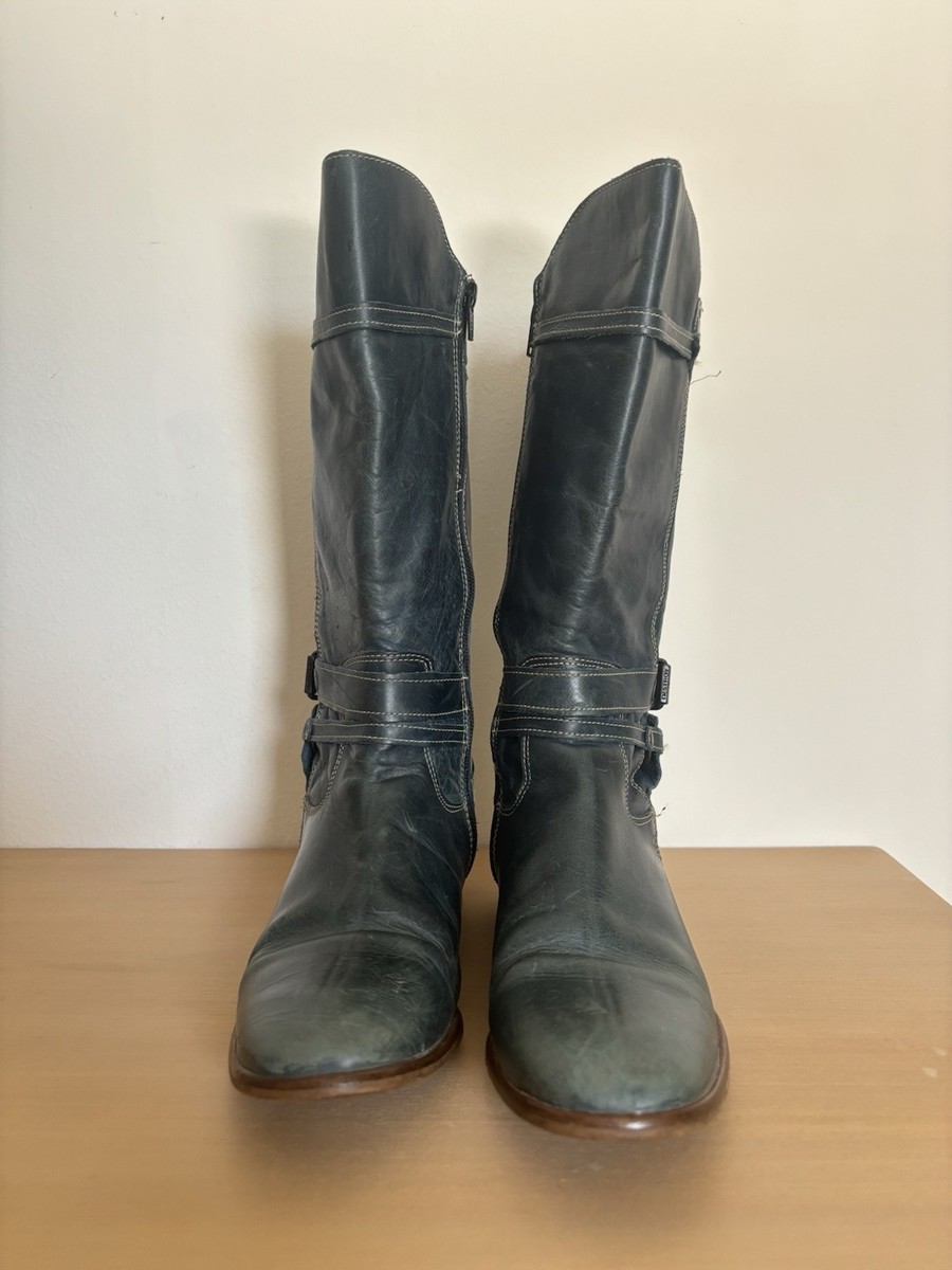 Vintage DESTROY Women's Distressed Blue Tall Leather Boots —Sz 39
