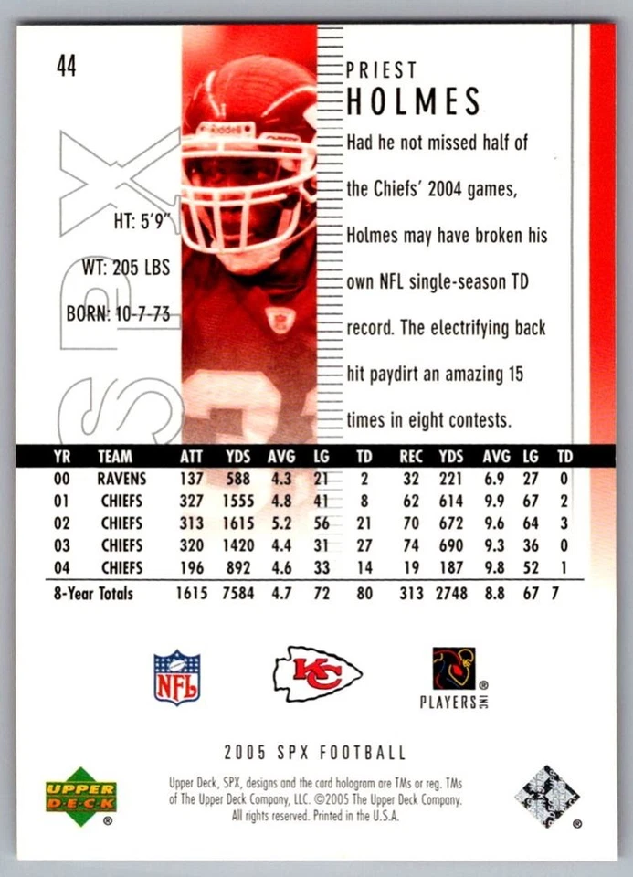 2005 SPx Priest Holmes Kansas City Chiefs #44 - Image 2 of 2