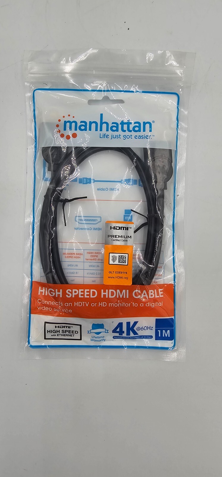 Manhattan HDMI Cable with Ethernet 4K@60Hz (Premium High Speed) 1m Male to Male