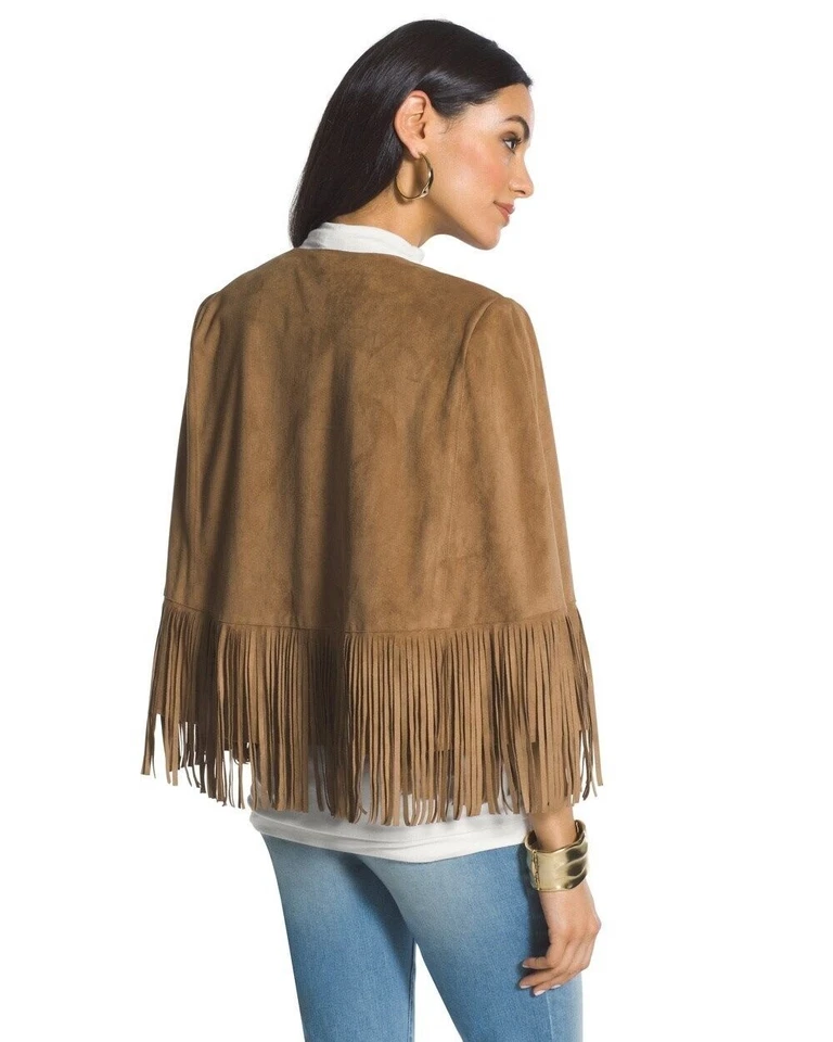 Chicos XS 4 US Black Label Fringe Jacket Top Suede Cognac $179 Cape Vest 8051 - Image 2 of 4