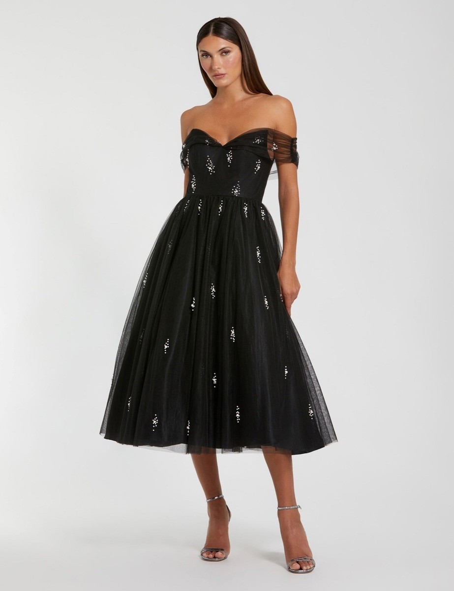 Mac Duggal 26498 Off The Shoulder Embellished Tulle Cocktail Dress in Black  Size | eBay