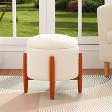 Poggiapiedi salotto rotondo ottomano moderno velluto orsacchiotto con gambe in legno