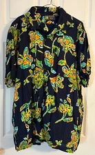 Roundy Bay Blue Yellow Orange Green Floral Hawaiian Aloha Shirt XL 100% Rayon