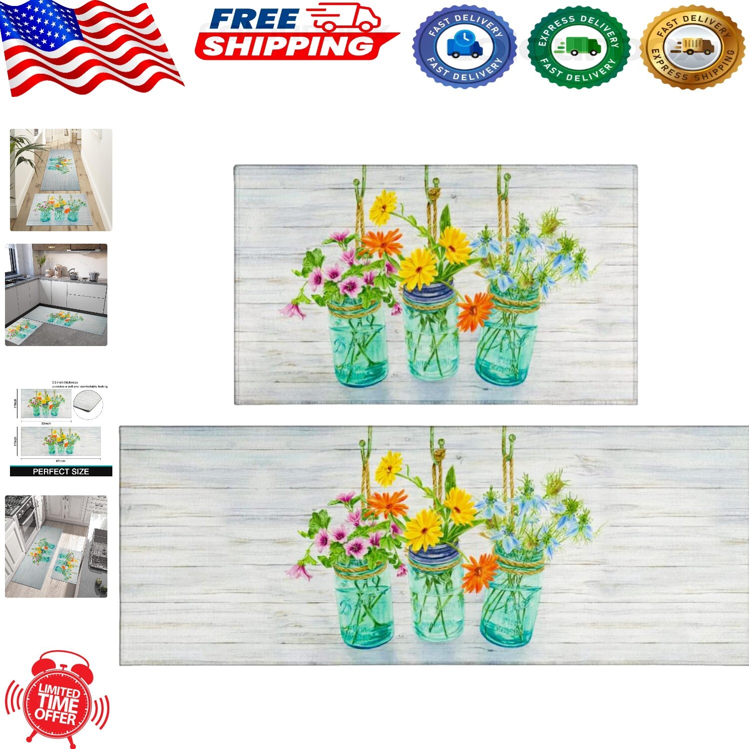 Elegant Non-Slip Floral Kitchen Rug Set 17x48 + 17x30 for Modern Homes