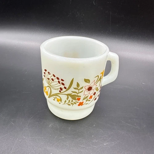 Vintage Coffee Mug Flower Power Floral Milk Glass Anchor Hocking USA D Handle