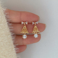 Christmas gift style cute bow and delicate gold bell earrings