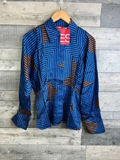 Espirit Womens Blouse Size Medium Blue Geometric Stripe Shirt Button Up Funky