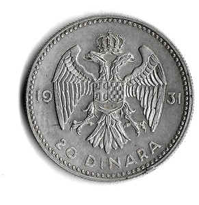 1931 - Yugoslavia - 20 Dinara  - Silver  -- AU                      FF-8