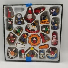 Set Of 23 Miniature Wooden Christmas Ornaments Dr.dudu Boxed