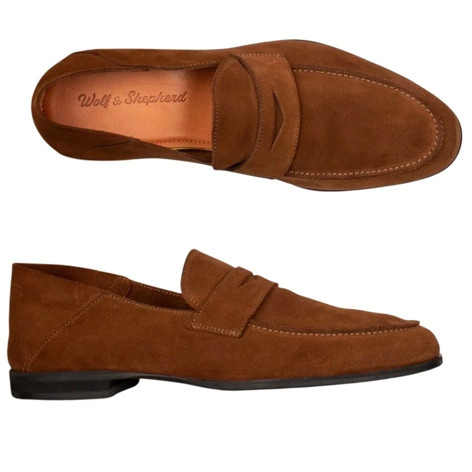 NWOB Wolf & Shepherd Men's Monaco Soft Suede Loafer Collapsible Heel Brown 11.5
