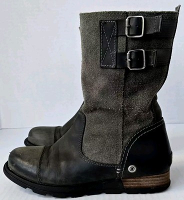 Women's Sorel Boots Major Moto Pull On Leather Mid Calf Buckle Size 6 Gray