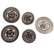 5PC Antiqued Silver Rose Floral Metal Buttons Shank Buttons 20mm